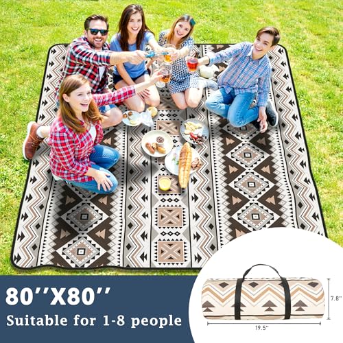 SAMSIER Large Outdoor Picnic Blankets Waterproof Foldable, Beach Blanket Sandproof Portable, Picnic Mat Washable for Camping (80"×80", Thickened) - color: Yellow Brown, size: 6'8" x 6'8" (Square)