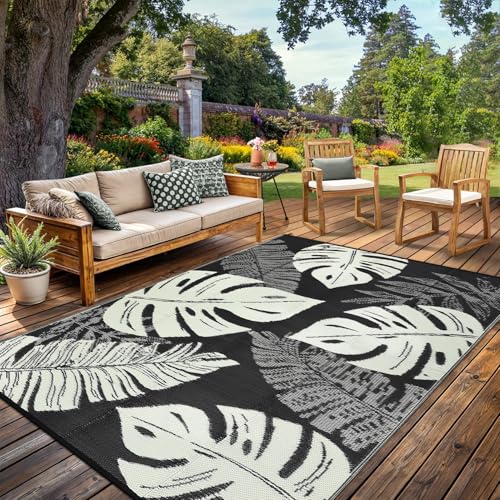 Waterproof Outdoor Patio Rug 8x10 ft, Reversible Plastic Straw Area Rug, Camping Rug Carpet, Portable Outdoor Area Rug, for RV, Camper, Deck, Balcony, Porch, Beach, Picnic - Black and Rice - color: Black & Beige, size: 10' x 8' (Rectangular)