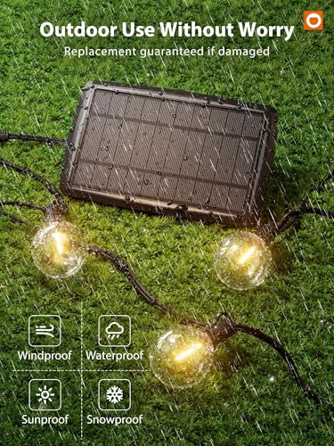 addlon 100FT Solar String Lights for Outside G50 Waterproof with USB Port Solar Patio Lights Outdoor Solar Powered LED Bulbs 3 Light Modes for Backyard Porch Garden Market Bistro Camping - size: 100FT