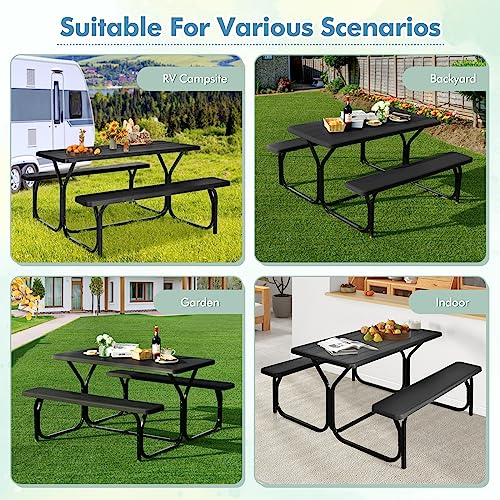MEDIMALL Picnic Table, Portable Picnic Tables with Benches, Plastics Picnic Table Bench Set with Metal Frame & All Weather Tabletop, Large Camping Picnic Table for Outdoors, Backyard, Garden (Black) - color: Black
