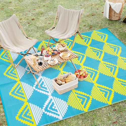 Lahome Outdoor Plastic Straw Rug, Reversible Outdoor Rug Waterproof 6x9 Patio Rugs, Camping Rugs for RV Backyard Deck Porch Picnic Beach Trailer (Blue/Yellow, 6' x 9') - color: Blue/Yellow/Checkered, size: 6'x9'