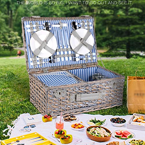Picnic Basket Set for 4 Persons, Willow Picnic Basket with Insulated Cooler Bag and Tableware, Handmade Gift Hamper for Outdoor Lake Beach Camping and Party