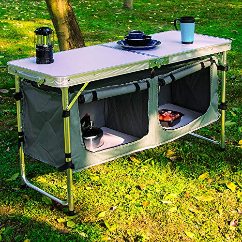 CampLand Outdoor Folding Table Aluminum Lightweight Height Adjustable with Storage Organizer for BBQ, Party, Camping - color: White