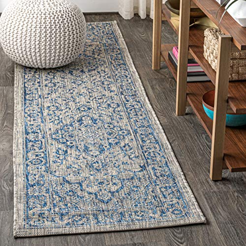 JONATHAN Y Boho Medallion Indoor Outdoor Runner Rug 2X8 Gray/Navy, Rozetta Textured Weave for Backyard, Patio, Porch, Easy-Cleaning, High Traffic, Pet-Friendly, Non-Shedding (SMB102B-28) - color: Gray/Navy, size: 2'2" x 8' (Runner)