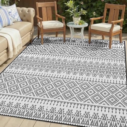 UPGRADE Waterproof Outdoor Rug 8x10 ft, Reversible Plastic Patio Rug, UV Resistant Straw Camping Mat with Carry Bag for RV Beach Deck Backyard, Black & White - color: Black & White, size: 8' x 10'