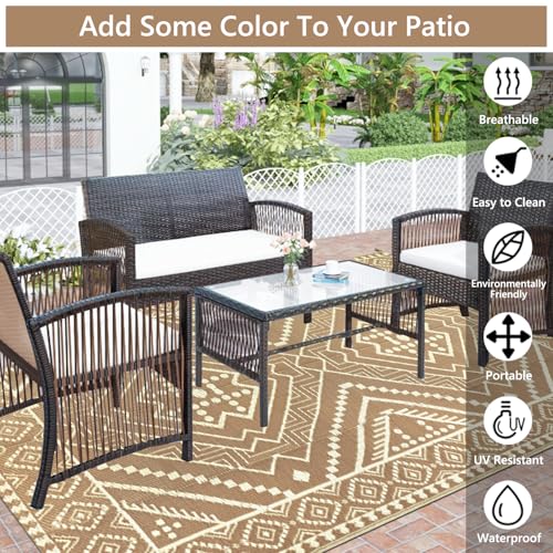 Waterproof Outdoor Rug 5x8 ft, Reversible Plastic Straw Mat, Large Floor Mat for Patio, Camping, Picnic, Backyard RV, Deck, Beige - color: Beige, size: 5' x 8'