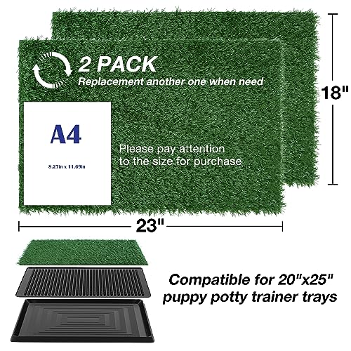GLOBREEN Dog Grass Pee Pad - 23 x 18 Inches Replacement Artificial Grass Patch for Dogs Potty Tray, Reusable Pets Fake Turf, Anti Odors & High Drainage, 2 Packs - size: 23"x18"