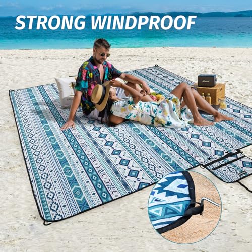 Picnic Blankets Extra Large Outdoor - Beach Blanket Waterproof Sandproof with Shoulder Strap, Machine Washable, Picnic Mat with Stakes for Grass Concert, Park, Lawn,Travel, Spring Summer. Blue - color: Blue