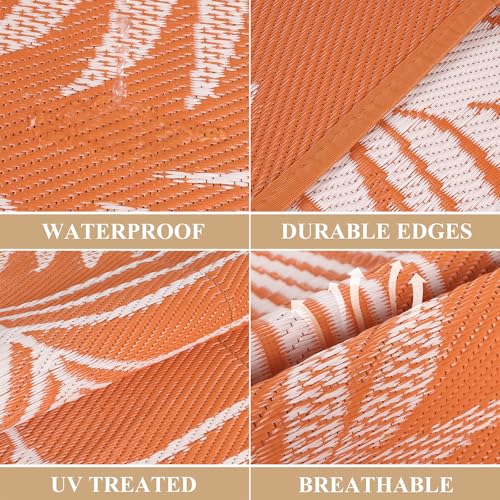 Pauwer Waterproof Outdoor Rug 6x9, Reversible Plastic Straw Patio Camping Rug, Indoor Outdoor RV Mat Carpet for Deck, Camper, Porch, Balcony, Backyard, Picnic, Leaf Orange - color: Leaf Orange, size: 6' x 9' (Rectangular)