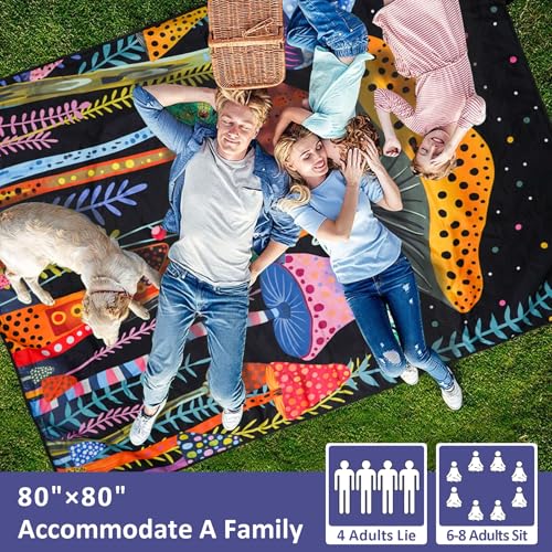 Mushroom Picnic Blankets Waterproof Foldable Picnic Outdoor Blanket 80"x 80" Picnic Mat 3-Layer Thicking Outdoor Foldable Blankets Sandproof Lightweight Beach Blankets with Strap Machine Washable - color: Mushroom04, size: 80*80in