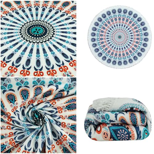 Violet Mist Purple Mandala Round Beach Blanket 60" Hippie Boho Microfibre Beach Towel Throw with Fringe Large Sand Free Circle Beach Blanket with Tassels for Women Travel Swimming Pool Picnic Towel - color: Mandala