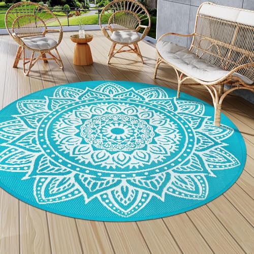famibay Round Outdoor Rug 8ft Outdoor Plastic Straw Rug Boho Round Patio Rugs Outdoor Waterproof Reversible Camping Rug Potable Lightweight Circle Outdoor Rug for Patios Backyard Camping Porch(Teal) - color: Teal, size: Round 8ft