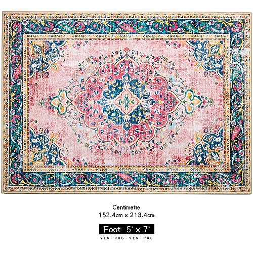 5x7 Area Rugs Pink Boho Rug for Living Room Vintage Rug Non-Slip Washable Low Pile Foldable Large Rugs for Bedroom Dining Room Indoor Floor Carpet - color: A#pink, size: 5' x 7' (Rectangular)