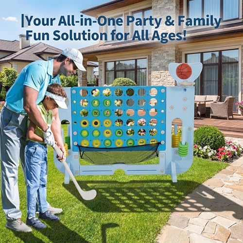 Giant 4 in a Row Game Set, Whale Design 4-in-1 Jumbo Yard Games with Basketball Hoop & Mini Golf, Ring Toss, 4 Adjustable Heights Connect Board with Catch Net for Kids Adults Outdoor Play