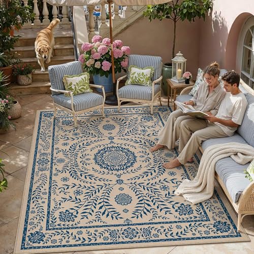 HUGEAR 8x10 Vintage Jute Outdoor Indoor Rug Washable Linen Textured Weave High Traffic Stain Resistant Non Slip Durable Carpet for Livingroom Patio Deck Balcony Courtyard (Floral Blue, 8' x 10') - color: Floral / Blue, size: 8'x10' (Rectangular)