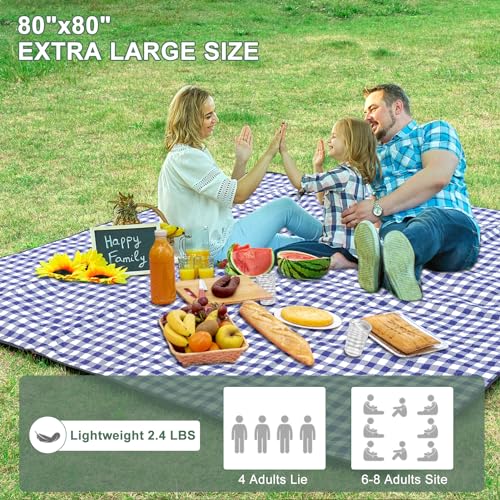 Picnic Blankets Outdoor Blanket Waterproof, 80''x80'' Extra Large Beach Blanket Sandproof Foldable Machine Washable, Vintage Gingham Picnic Mat Grass Lawn Park Family Camping Party Music Festival - color: Blue White, size: 6'8" X 6'8" (Square)