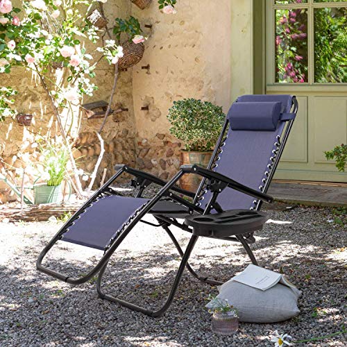 GUNJI Zero Gravity Chair Outdoor Lawn Folding Lounge Chairs Adjustable Reclining Patio Chairs Set of 2 with Cup Holder Lounge Gravity Chairs for Poolside, Backyard, Beach and Camping (Blue) - color: Blue