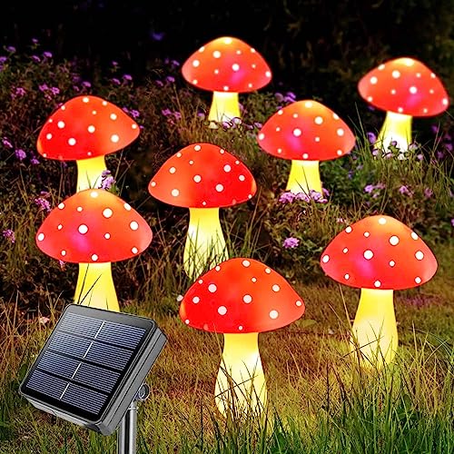 8-Pack Red Mushroom Solar Lights for Outdoor Garden Decor