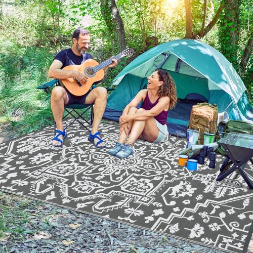 GarveeHome 9x12 Plastic Straw Large Reversible Outdoor Rug Vintage Medal Outdoor Carpet Waterproof Indoor Outdoor RV Decor Rugs Fold Portable Camping Outside Rug for Patio Backyard Balcony, Grey White - color: Vintage | Grey White, size: 9' x 12' (Rectang