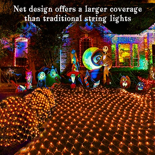 BlcTec Halloween Lights 200 LED 8.4ft x 5.2ft Orange Net Lights with 8 Modes, UL Certified, Timer, Connectable, Waterproof, Dark Green Wire for Trees, Bushes, Shrub, Lawn Halloween Decorations Outdoor - color: Orange, size: 200LED