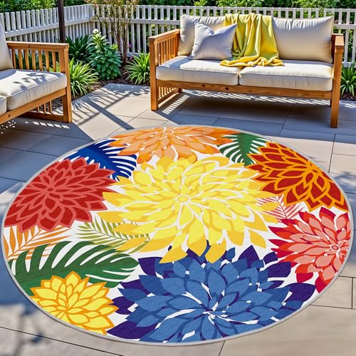 Colorful 6FT Outdoor Round Area Rug Washable Rugs Multicolored Patio Rug Tropical Botanical Floral Chenille Waterproof Outdoor Carpet for RV, Pool Deck, Backyard, Porch, Rainbow - color: Multi Colored, size: 6' (Round)