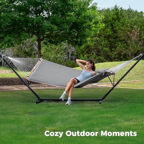 SUPERJARE Hammock with Stand, 2 Person Quilted Outdoor Hammock, Detachable Pillow & Bamboo Spreaders, Portable Hammock with Carrying Bag, Heavy Duty Stand, Perfect for Outside, Patio, Gray - color: Grey, size: 55.1"W × 74.8''D × 43.3''H