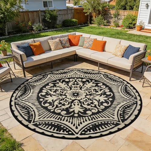 Capslpad 8x8 Floral Outdoor Rug for Patio Clearance Reversible Mat Round Portable Plastic Straw Carpet Waterproof Boho Indoor Outside Area Rugs for RV Camping Picnic Balcony Deck, Black and Brown - color: Black&brown, size: 8' (Round)