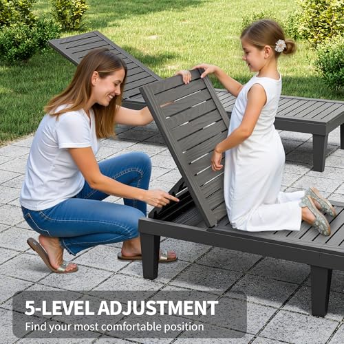 NUNU LAB Outdoor Chaise Lounges Set of 2, 5-Position Adjustable Patio Recliners with All-Weather Resin, Sun Loungers for Deck, Garden, Beach, Pool Sunbathing (Black Wood Grain, Set of 2) - color: Black Wood Grain, size: Set of 2