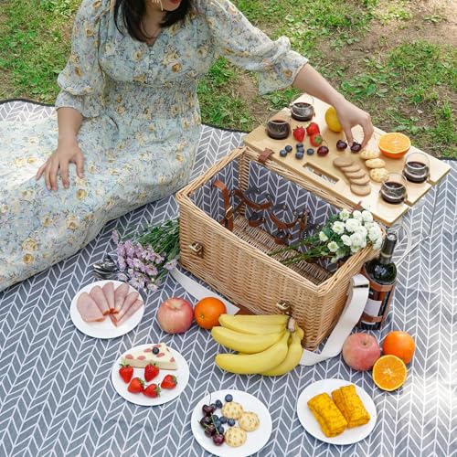 WILLOW WEAVE Luxury Picnic Basket, Wicker Picnic Basket Set for 4, Picnic Basket with Blanket & Portable Table for Camping and Outdoor Party - Gray - size: L for 4P-BlueLeaf