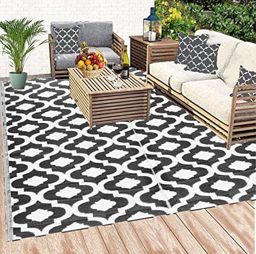 Outdoor Plastic Rugs - 6x9 Black, Reversible Recycled Plastic Straw Indoor Outdoor Patio Rugs Clearance Waterproof Large RV Camper Mats Outside 521 - color: Black, White, size: 6' x 9' (Rectangular)