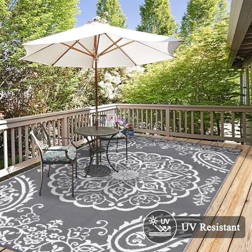 Pauwer Waterproof Outdoor Rug 5x8, Reversible Plastic Straw Patio Camping Rug, Indoor Outdoor RV Mat Carpet for Deck, Camper, Porch, Balcony, Backyard, Picnic, Boho Grey - color: Boho Grey, size: 5' x 8' (Rectangular)