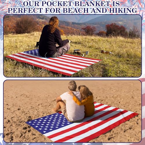 Frienda American Flag Pocket Picnic Mat with Storage Bag Sandproof Waterproof Foldable Beach Camping Mat 50" x 60" Patriotic Red White Blue Outdoor Blanket for Hiking Camping Travel Beach Park