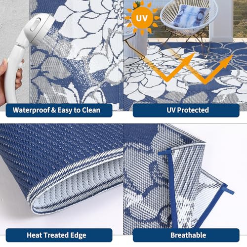 GarveeHome Outdoor Rugs 8x10 Waterproof Reversible Outdoor Plastic Straw Rug Modern Floral Patio Rug Indoor Outdoor Carpet RV Mat Outside for Patio Camp Balcony Deck Picnic, Navy - color: Floral|navy&white, size: 8' x 10' (Rectangular)