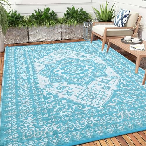 COZYLOOM Outdoor Rug for Patio Clearance,9'x12' Waterproof Large Mat, Reversible Plastic Camping Rugs, Portable Lightweight Plastic Straw Carpets for Rv, Beach Backyard Garden, Porch, Deck, Balcony - color: Vintage Blue/White, size: 9'x12'