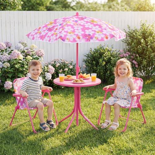 Costzon Kids Picnic Table, Kids Outdoor Table with 2 Folding Chairs, Height Adjustable Umbrella, Portable Children Outdoor Furniture for Patio, Garden, Backyard (Pink Flowers) - color: Pink Flowers