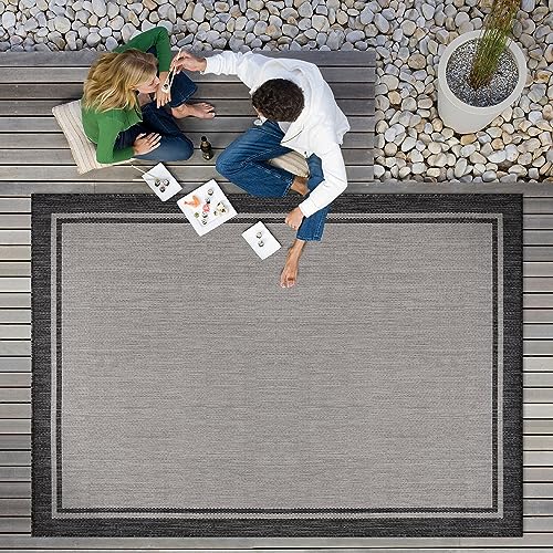 CAMILSON Indoor Outdoor Rug, 5x7 Bordered Gray Modern Area Rugs for Indoor and Outdoor Patios, Kitchen and Hallway Mats, Washable Porch Deck Outside Carpet (Bordered Grey, 5 x 7) - color: Bordered Grey, size: 5' x 7' (Rectangular)