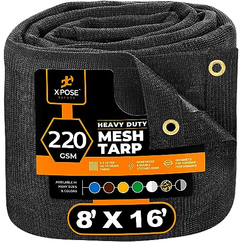 Xpose Safety Heavy Duty Mesh Tarp – 8’ x 16’ Multipurpose Black Protective Cover with Air Flow - Use for Tie Downs, Shade, Fences, Canopies, Dump Trucks – Weather and Tear Resistant - color: Black, size: 8' X 16'