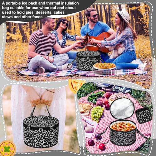 Pickmesh Round Pie Carrier 12 x 7 Inch Insulated Casserole Carriers with Lid and Detachable Handle for Hot or Cold Food Cake Transport Thanksgiving Christmas Gift(Black Champagne Heart) - color: Black Champagne Heart