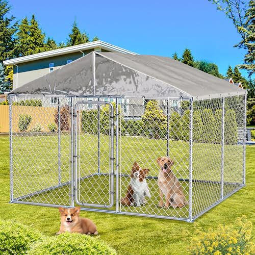 10ft×10ft Outdoor Large Dogs Kennels Enclosure - Outside Dog Cage with Waterproof roof Cover, Galvanized Steel Dogs House Fence Playpen with Lockable Door for Patio Backyard Farm Gardens - size: 118"D×118"W×83"H