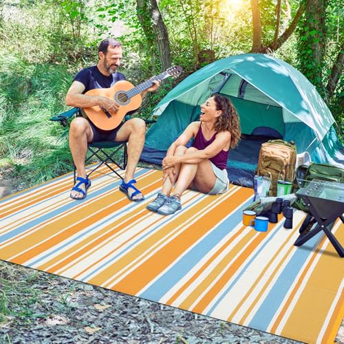 GarveeHome 9x12 Outdoor Rug Modern Geometric Reversible Plastic Straw Outdoor Rugs Colorful Striped Indoor Outdoor Carpet UV Resistant Stain Large Rug for Balcony Deck Beach, Orange Yellow Blue White - color: Geometric Stripes| Orange Yellow Blue White, s