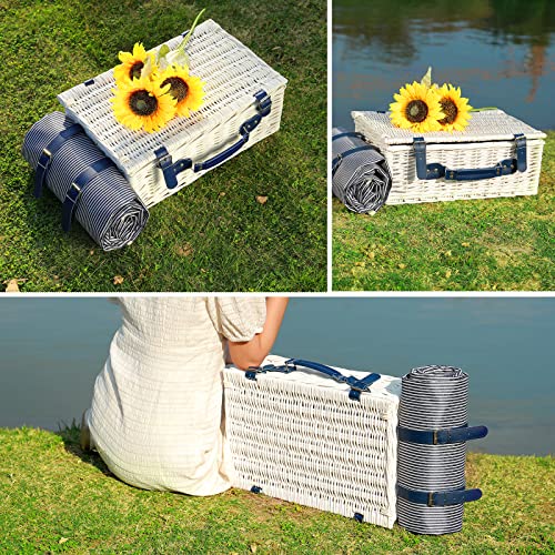 Picnic Basket for 4 Persons with Waterproof Picnic Blanket and Insulated Cooler, Large Wicker Picnic Basket for Camping, Outdoors, Valentine's Day, Christmas, Birthday, Wedding Gift - color: White Basket