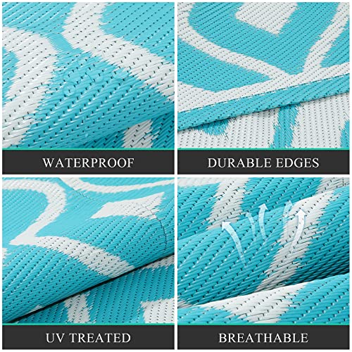 Pauwer Waterproof Outdoor Rug 6x9, Reversible Plastic Straw Patio Camping Rug, Indoor Outdoor RV Mat Carpet for Deck, Camper, Porch, Balcony, Backyard, Picnic, Geometric Teal - color: Geometric Teal, size: 6' x 9' (Rectangular)