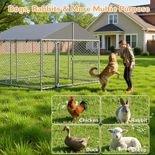 7.8x7.8 FT Extra Large & Heavy Duty Dog Kennel Run - Outdoor Metal Enclosure with Lockable Door and Waterproof Cover for Big Dogs - size: 93x93in