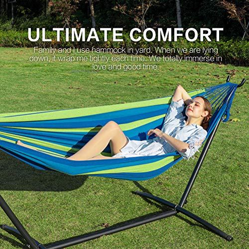 PNAEUT Double Hammocks with Stand for Outside, Portable Space Saving Heavy-Duty Steel Stand for Indoor Outdoor Patio with Sidebag, 450 lbs Capacity (Blue) - color: Blue