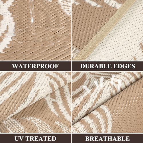 Pauwer Waterproof Outdoor Rug 6x9, Reversible Plastic Straw Patio Camping Rug, Indoor Outdoor RV Mat Carpet for Deck, Camper, Porch, Balcony, Backyard, Picnic, Leaf Brown - color: Leaf Brown, size: 6' x 9' (Rectangular)