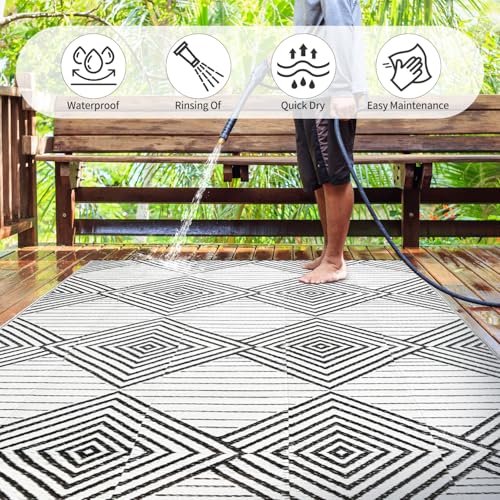 DiiKoo Waterproof Outdoor Rug 8x10ft, Foldable Reversible Plastic Straw Mat for Patio RV Deck Porch Backyard Balcony Camping Picnic Beach Indoor Outdoor, Black&White