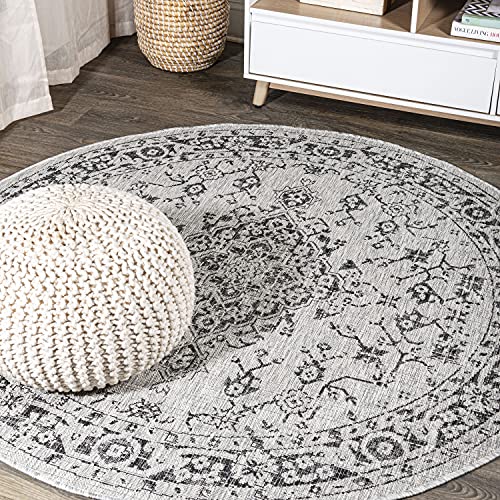 JONATHAN Y Boho Medallion Indoor Outdoor Round Area Rug 5 Ft Gray/Black, Rozetta Textured Weave for Backyard, Patio, Porch, Easy-Cleaning, High Traffic, Pet-Friendly, Non-Shedding (SMB102D-5R) - color: Gray/Black, size: 5'3" (Round)
