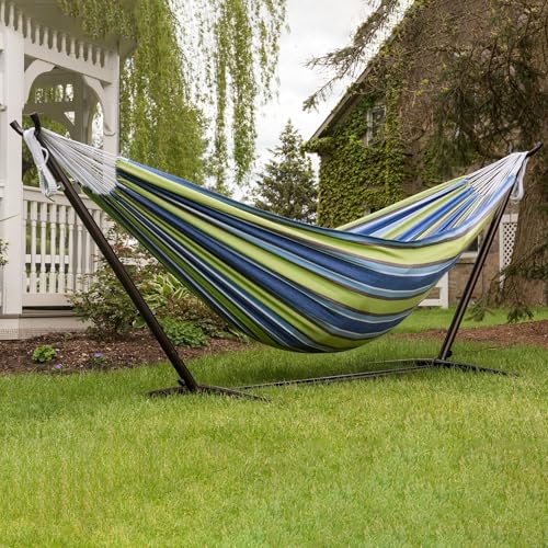Vivere Double Cotton Hammock with Space Saving Steel Stand, Upgraded Polyester End Strings 450 lb Capacity - Premium Carry Bag Included - USA Grown Cotton (Oasis) - color: Oasis