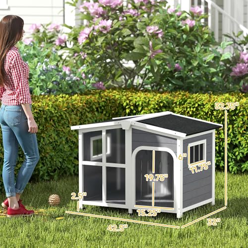 PawHut Outside Cabin-Style Wooden Dog House for Large Dogs with Openable Roof & Giant Window, Outdoor & Indoor Big Dog Shelter, Asphalt Roof, Gray - color: Gray