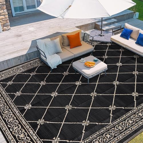 Outdoor Rug 8'x10' for Patios Waterproof Patio Rugs Outdoor Mats for Front Porch,Beach Mat,Reversible Plastic Straw Camping Rugs for Outside RV,Deck,Balcony,Backyard，Black&Beige - color: Black&beige&orange, size: 8' x 10'